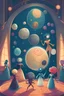 Placeholder: A whimsical, children's book-style illustration of anthropomorphized planets attending a celestial ball, showcasing their unique personalities and attire inspired by their planetary characteristics, set in an enchanting, starlit ballroom.