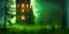 Placeholder: Ruined abandoned overgrown small castle tower in a dense coniferous forest, night, misty, atmospheric, fireflies