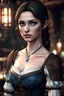 Placeholder: A young female imperial barmaid from Skyrim with sad blue eyes, brunette, melancholic, wholesome, medieval dress