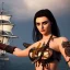 Placeholder: realistic, young spanish model with a pirate sword,short black hair in the wind. black tatoo on arm. dressed as a pirate, bra with carved leather. Salvador dalì style. Ships in background with high details. 4k, unreal engine.