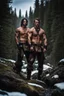 Placeholder: two Handsome and muscular 30 year old shirtless mountain men , dark fantasy, snowy forest