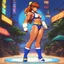 Placeholder: [style is lite brite art, luminous and colorful designs, pixelated compositions, retro aesthetic, glowing effects, creative patterns, interactive and playful, nostalgic charm, vibrant and dynamic arrangements] [Street Fighter III: New Generation/Official Art by Daigo Ikeno] tanned Elena in her iconic two piece swimsuit stands up on the ring, seen by below