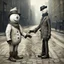 Placeholder: Snowman shaking hands with a scarecrow in middle of city street, by Erwin Wurm and Ben Goossens, mind-bending realism, weirdcore, something strange about to happen, natural lighting, by Joel-Peter Witkin