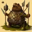 Placeholder: a giant toad carrying an army of tiny men with sticks on his back in medieval style