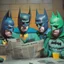 Placeholder: A newspaper photocopy of a dark universe masonic sad drunk batman cosplay convention, green batman, orange batman, cyan batman, white batman.