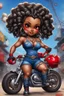 Placeholder: airbrush illustration of the chibi cartoon character, a voluptuous black female in a blue jean outfit with biker boots. Her prominent makeup and hazel eyes, along with her detailed red bantu knots, are featured in this image, set against the background of a lively bike show.