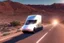 Placeholder: A Tesla 'Semi' (semi truck) is going at a high speed, in the Mojave Desert. (CINEMATIC, WIDE ANGLE LENS, PHOTO REAL)