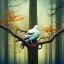 Placeholder:  top of mega high tree, portrait of white pigeon, autumn forest background, spray paint, notes from sweet melodies as leaves in the air