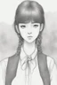 Placeholder: A drawing of a girl with calm features and long black hair that shows only her face. A black and white drawing. She wears a red hair tie around her neck. A pen drawing. The girl's eyes are almond-shaped, her nose is small and round, her lips are plump, her face is round.