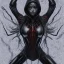 Placeholder: This spider woman is a formidable sight to behold, with the body of a human woman and the head and legs of a spider. She is dressed in a sleek black and red leather suit, with a hood that covers her spider head. Her skin is covered in shimmering black scales, and her eyes glow a bright, otherworldly green. She is fast and agile, able to climb walls and ceilings with ease. She has venomous fangs and sharp claws, and she can spin webs of magical energy to ensnare her enemies. She is intelligent an