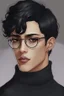 Placeholder: Short black hair, light skin, black skin tight turtle neck clothing, black round glasses, earrings, grey eyes, black eye shadow, round face, man