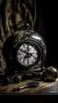 Placeholder: An old antique grandfather clock in the background of black vein, human veins, mixing together a lot of them, like a forest, big and small veins a lot of them, an army German helmet from ww2 sitting on an old broken table