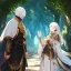 Placeholder: Girl with white hair wearing white robes and a blindfold. Boy with gold eyes, black hair wearing old leather armor. Forest path background