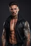 Placeholder: portrait of a 35 year old Handsome, rugged and muscular male with lightly tanned skin and tattoos. long brown hair and a goatee beard. wearing an black jeans and a leatheehr jacket. photorealistic