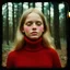 Placeholder: 1970, old damaged Autochrome photo with black frame, Young Singer Michelle Phillips , in the dark woods; red turtleneck sweaters, close up, rosy cheeks