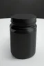 Placeholder: black container, plastic, realism, with screw lid, no labels, round container, view from the front, protein powder, dark studio setting