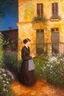Placeholder: Night, vegetations, flowers, one woman, distant house, mistery, gothic horror films influence, gustave caillebotte, and gustave moreau paintings
