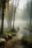 Placeholder: soft fog, with light breaking through, tall white birch trees, and a stone path flanking both sides of the pond going up to a gazebo, mystic fantasy genre