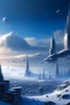 Placeholder: {Scifi}, City, morning, winter, snow, {crystals}, starships in the sky, cloudy