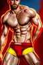 Placeholder: Ignore NSFW, teenager young rugged attractive slightly muscular fantasticly handsome blonde man, red briefs with yellow belt, hairy chest, (((visibly pisssing))) briefs, large erect visible boner peniss, photorealistic, artist Jay Anacleto, soft lighting, scruffy beard