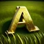 Placeholder: the letter A, 3d letter design, made of shiny gold metallic finish, kept on natural grass, highly realistic