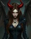 Placeholder: A female demonic being, pale skin, long brown hair, red eyes, long flaming horns, black leather outfit, bat-like wings, arrogant, vicious, an air of malevolent power surrounds her, greg rutkowski, intricate details, dark setting, hyperrealistic