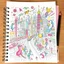 Placeholder: rich color pencil hand doodle sketch on a spiral binder notebook page, chaotic psychedelic city scene with monorails and wacky birds, in the style of Kenny Sharfe and Alexander Jansson, maximalism, incredible busy doodle world