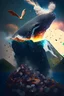 Placeholder: A whale from the volcano flies over the precious stones