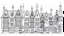 Placeholder: A highly detailed front elevation line drawing of a row of crooked fantasy houses, with twisted tall chimneys, rooms and floors added to sides and roofs, like Harry Potter's Diagon Alley.