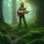 Placeholder: poet with lute, evening, glowing stone skin giant in magical forest, spray painting, foliage frame, fantasy art , movie poster, Realistic photography, incredibly detailed, ultra high resolution, 8k, complex 3d render, cinema 4d, color corrected