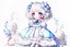 Placeholder: Cute porcelain doll in a Victorian lace frill dress with soft painting in an anime Studio Ghibli cartoon style with colors in whites, blues, and pinks
