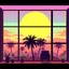 Placeholder: 8 bit pixelart of sun, palmtrees synthwave, indoor