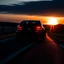 Placeholder: dark night, car taillights, driving towards a rising sun in the distance