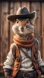 Placeholder: portrait in front of wooden wall depicting a handsome bad ass cowboy Lucky Luke squirrel ninja with lasso ,bokeh like f/0.8, tilt-shift lens 8k, high detail, smooth render, down-light, unreal engine, prize winning