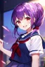 Placeholder: girl, masterpiece, best quality, cinematic lighting, detailed outfit, vibrant colors, perfect eyes, long hair, purple hair, red eyes, twin low ponytail, school outfit, laughing,