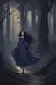 Placeholder: A princess in a dark indigo dress and very long black hair walks through a dark forest full of trees with her knight