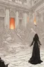 Placeholder: Illustrate a chilling scene: a female necromancer, surrounded by hellfire, attempts to open a portal to hell in the courtyard of a grand white marble palace during the king's annual feast. Thousands of terrified attendees flee, leaving the festivities in chaos. The royal family, including the king, is helpless, and even the royal guards are paralyzed with fear. Capture the stark contrast between the opulent palace and the impending supernatural threat, conveying the sense of impending doom