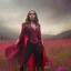 Placeholder: Feiticeira escarlate, Elizabeth Olsen, feiticeira, magia, rosto detalhado belo, bonita, cenário em um campo de flores, cinematográfico, dramático, por do sol, campo de flores, cores frias