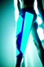 Placeholder: neon blue, floating triangle of light orbiting behind the back, cyber armor, geometric patterns on armor, male, orbiting triangle