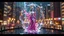 Placeholder: 3d metalic and crystal recursive evolving and animating beveled geometric base very complex CIFY structure emiting bubbles that broke, goddess of love in a pretty cleric dress comes while playing harp gracefully , viberating color moving very in modern city escap environment while camera tracking it.write in down screen 3d animating"Made in Grok By:J.Babakan"