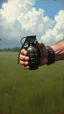 Placeholder: Bosch style painting , 3D hand holding a handgrenade.
