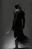 Placeholder: Background is dark grey, almost black. There is a head and torso silhouette looming in the picture, completely masked by a black Kevlar suit. Add a sheathed sword behind the figure in the picture.