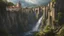 Placeholder: a wide waterfall falling upon a medieval european city at the end of a steep, narrow, 3.000 feet tall ravine. a masterpiece, fantasy concept art, dynamic lighting, hyperdetailed, intricately detailed, deep color, Unreal Engine, volumetric lighting, Epic cinematic brilliant stunning intricate meticulously detailed dramatic atmospheric maximalist digital matte painting