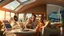 Placeholder: Futuristic family living in a luxurious future home, exciting technology, sustainable technology, solar power, water turbine, wind turbine, happy children, beautiful clothing, colour photograph