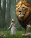 Placeholder: Young beautiful girl wearing floral crown, standing next to a large, majestic, stunning lion on nature forest path, floral crown, Chronicles of Narnia, 8k resolution, high-quality, fine-detail, iridescent, intricate, digital art, detailed matte, volumetric lighting, beautiful, illustration, 3D octane render, brian froud, howard lyon, selina french, anna dittmann, annie stokes, lisa parker, greg rutowski,