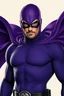 Placeholder: full-length, A portrait of a the Phantom, a man with piercing blue eyes, a chiseled jaw, goatee, timeless face, stern expression, Wearing a skintight formfitting purple cotton hero suit with a skintight cowl with a widows peak that fits tight to his head, but does not cover his face or his forehead , he wears a thin, black leather, bandit eye disguise over his eyes, black and blue diagonally striped trunks, dual-holstered pistol belt adorned with a triangle skull-shaped buckle, leg straps, boot