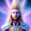 Placeholder: smiling beautifull long hair blond man face with cristal diamond on the forehead , cosmic armor and cosmic purple and blue sky behind