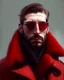 Placeholder: a young man who looks like hans gruber wearing a heavy coat and red sunglasses staring with an irritated look on his face