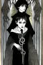 Placeholder: 7 year old boy, necromancer, friendly, looks dead,with a lamprey serpent , wearing black robes, in the style of Harry Clarke