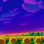 Placeholder: purple sky full of stars, sunflower field, floating ruins of an asian village, anime, high res, makoto shinkai